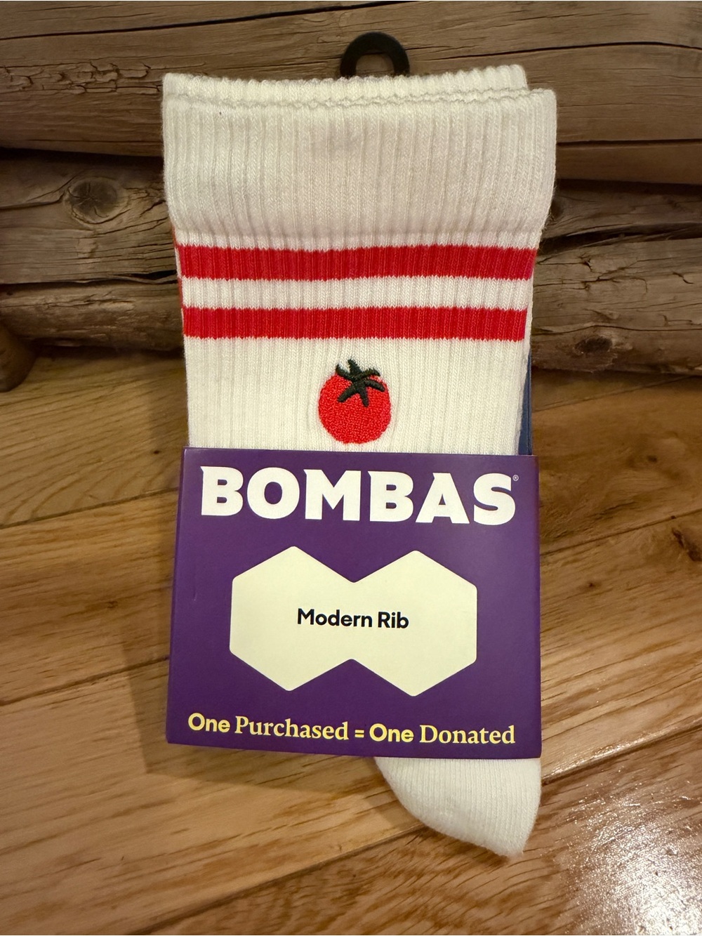 Bombas White Crew Socks with Red Stripes and Tomato Embroidery